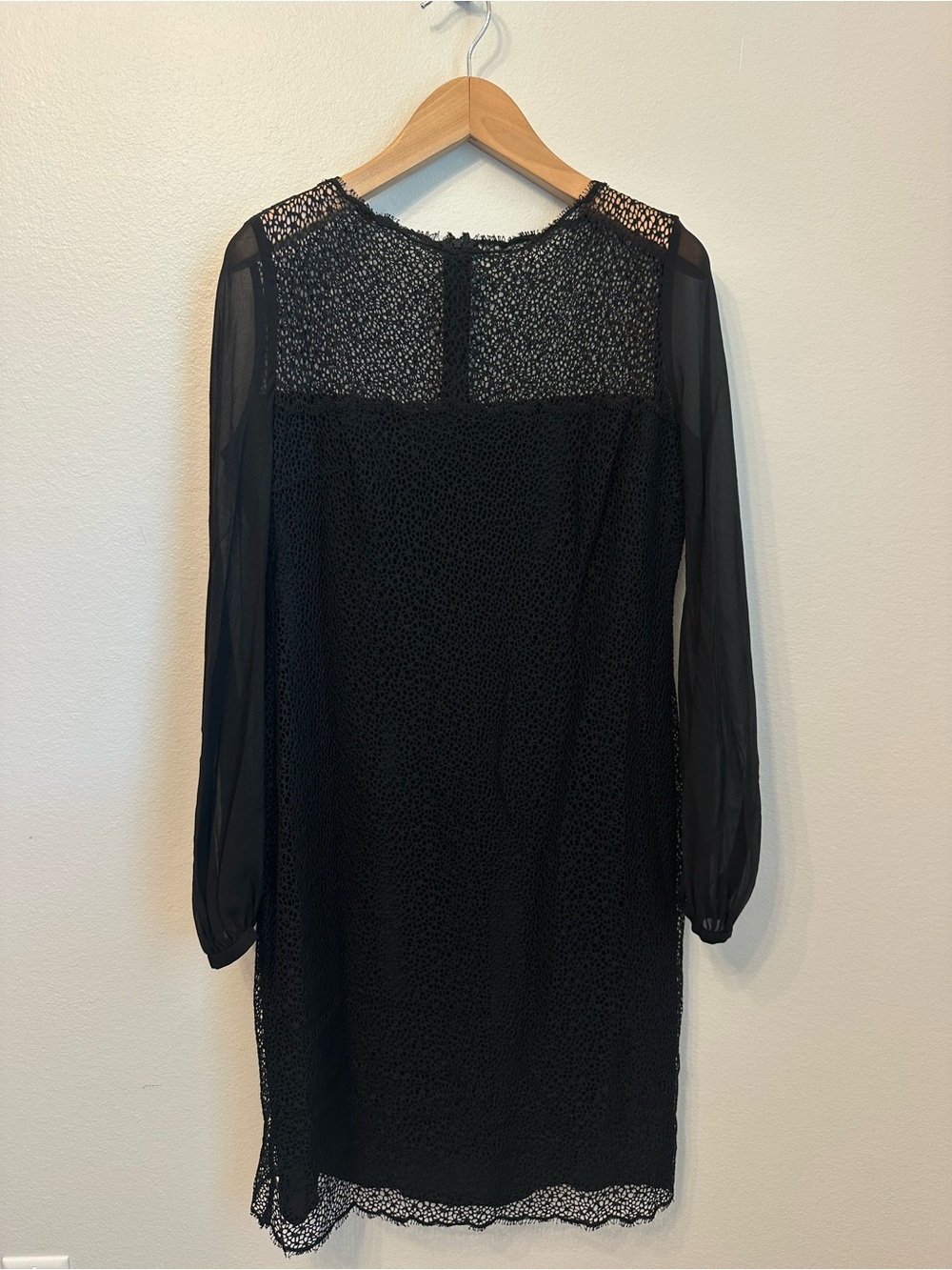Escada Black Lace Overlay Sheer Long-Sleeve Shift Dress Wool Blend and Silk